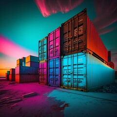 Fototapeta premium Freight colored containers in a harbor different heavy weight sky box shipment stacked on top of each other cargo Generative AI 