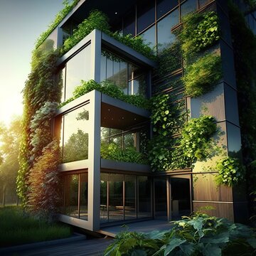 Eco-friendly Green Building With Vertical Garden Design For Sustainability Skyscraper Covered With Plants Glass Window Exterior Modern House Building Storey Villa Apartment High Generative AI 