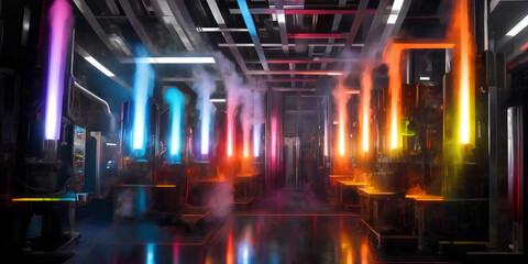 Futuristic Data Center with Colored Lights and Smoke (Created using generative AI)