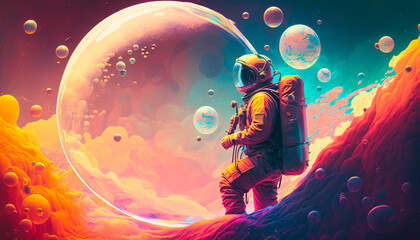 Beautiful painting of an astronaut in a colorful bubble 