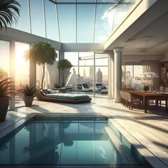 Impressive penthouse terrace with a swimming pool overlooking beautiful stylish luxury house with glass windows giant exterior interior apartment vacation place hotel satisfying all ne Generative AI 