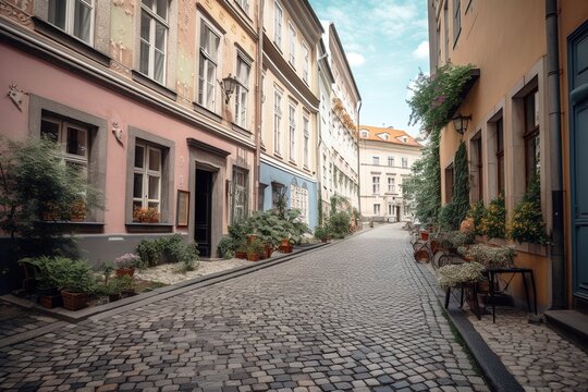 Fototapeta Cobblestone street in historical European town. Generative AI