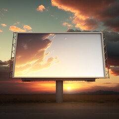 Marketing Billboard Blank Exterior Sign against a Sunset Sky Design Templat golden white giant poster notice board with cloudy business catch with iron brackets stick to it advertisement Generative AI