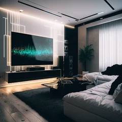 Fotobehang Modern living room interior with sofa and large tv screen on the wall, led strips making ambient light laser modern high-tech color waves luxury equipped with extras hotel home interior Generative AI  © Gerg
