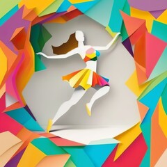 Multicolored Geometric Wallpaper to Celebrate Contemporary Paper Craft Design with Dancing Woman Shapes copy-space balerina dancer festival cheerleader in dance clothes carnival Generative AI 