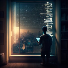 Fototapeta premium smart blinds on the window, future concept digital automatic light city futuristic high-tech woman man tablet information study Generative AI 