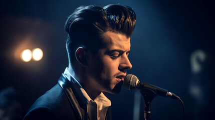 Young man sings a song behind the microphone - Ai generative