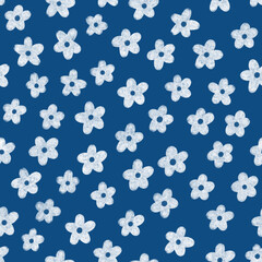 Fototapeta na wymiar Block print flowers pattern on blue