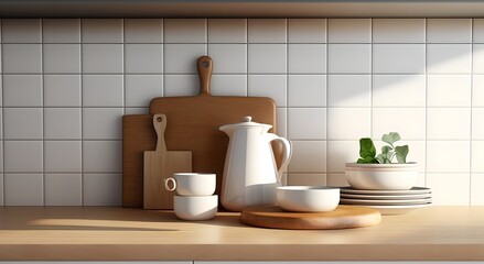 Modern kitchen background, countertop with kitchen utensils and empty space, generative ai