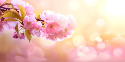 Spring banner, branch of blossoming cherry, beautiful nature outdoors, copy space, generative ai illustration