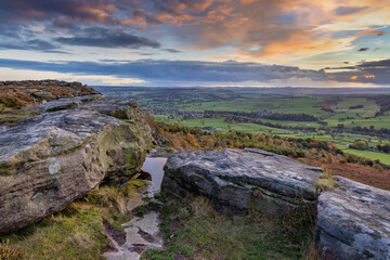 Baslow Edge at sunset, providing amazing views across the Derwent Valley in the Peak District...
