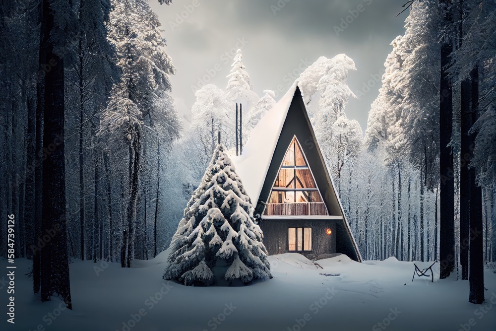 Canvas Prints snow-covered cone of white forest chalet in woods, created with generative ai