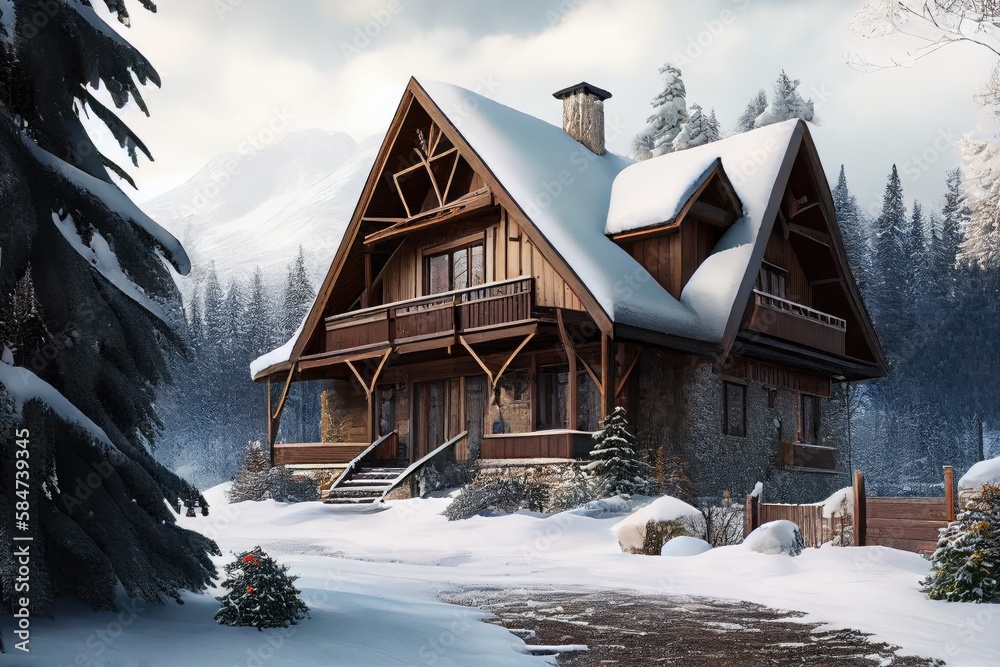 Canvas Prints beautiful wooden chalet on mountains of russia with snow-covered garden highlands exterior of the winter chalet, created with generative ai