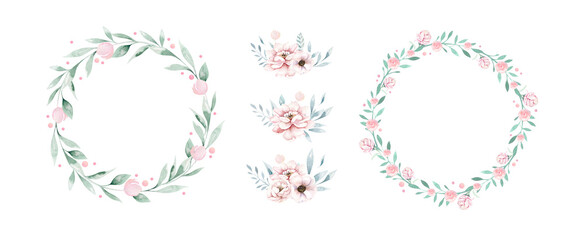 Wreaths, set floral frames and bouquetr, watercolor flowers pink peonies,peony Illustrations hand painted. Isolated on white background. Perfectly for greeting card design.