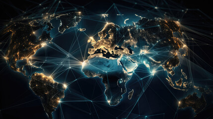 Fototapeta na wymiar planisphère du monde avec réseaux de connections et de communications, carte sur fond sombre avec zone peuplée éclairées