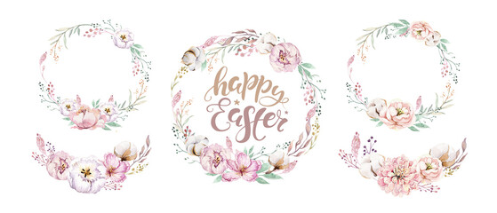 Wreaths, set floral frames and bouquetr, watercolor flowers pink peonies,peony Illustrations hand painted. Isolated on white background. Perfectly for greeting card design.