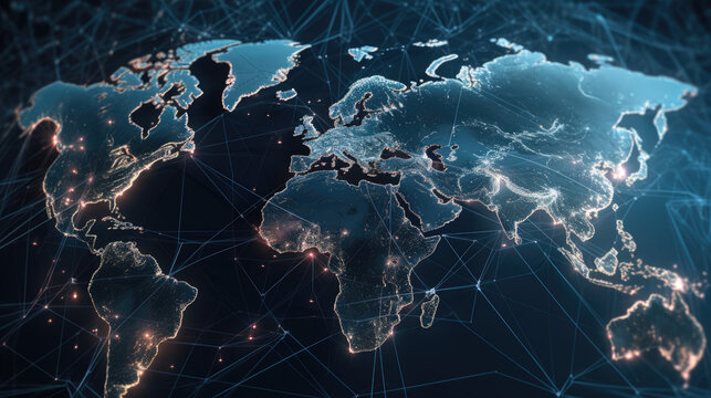 planisph&egrave;re du monde avec r&eacute;seaux de connections et de communications, carte sur fond sombre avec zone peupl&eacute;e &eacute;clair&eacute;es