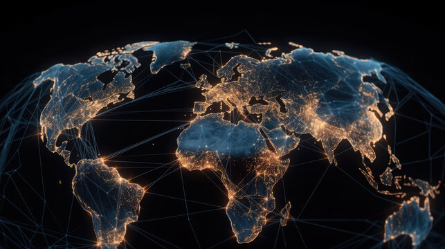 planisph&egrave;re du monde avec r&eacute;seaux de connections et de communications, carte sur fond sombre avec zone peupl&eacute;e &eacute;clair&eacute;es