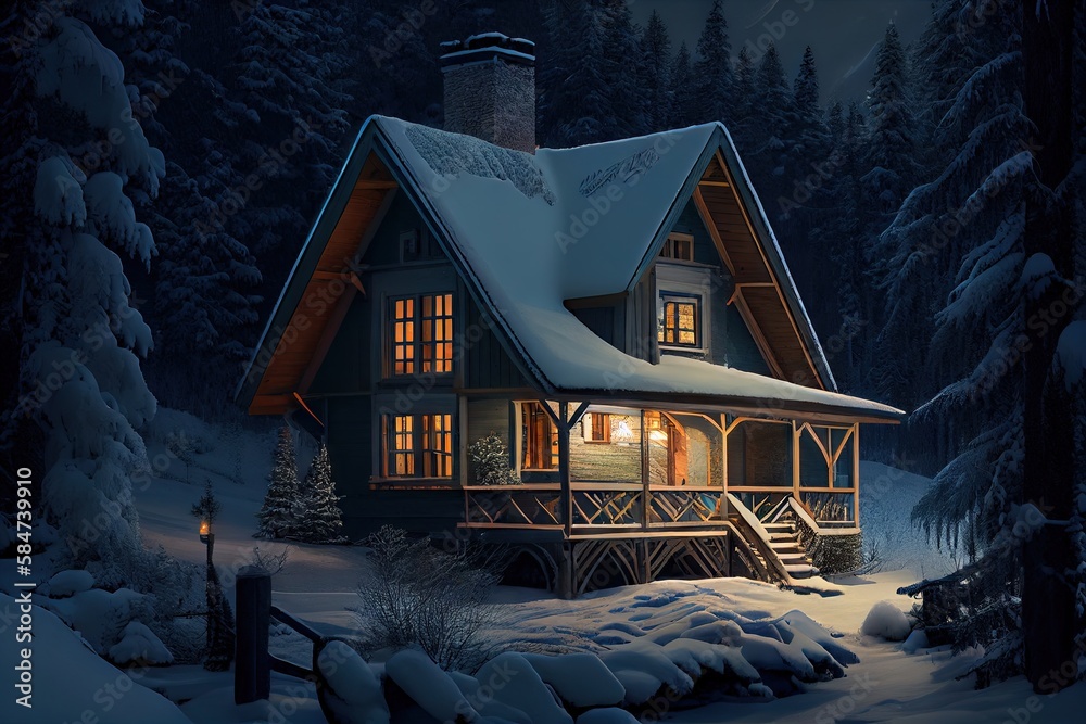 Canvas Prints snow-covered winter evening forest chalet exterior of the winter chalet, created with generative ai