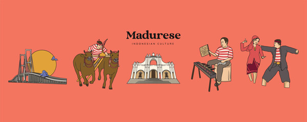 Set Madura Illustration. Hand drawn Indonesian cultures background