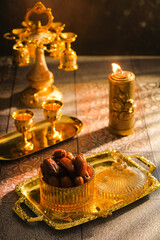 kurma or dates fruits , one of sunnah foods for iftar breakfasting. selective focus
