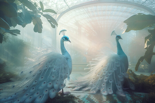 White Peacocks in a Glasshouse - AI Generated Image