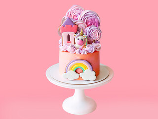 Cute pink birthday cake for a little girl with fondant unicorn, with gingerbread cookies isolated on pink background, horizontal orientation