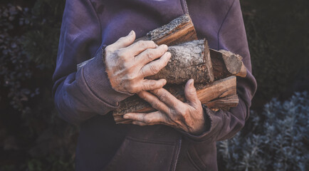 Old man in a tainted rattle holds firewood in overworked hands. Poor man wrinkled hands with firewood for heating.  Social contrast, give and share, sympathy, donate and charity, poverty concept.