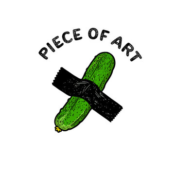 Piece of art t-shirt design cucumber taped to wall by adhesive tape modern art color line art sketch engraving vector illustration. T-shirt apparel print design. Black and white hand drawn image.
