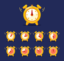 Clock game icons. Vector set of watches, stopwatch, alarm clock with moving arrows sequence frame for mobile application, game, web design, loading process, countdown timer, casino slot.Time animation