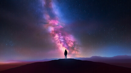 Naklejka na ściany i meble A silhouette of a person looking at the stunning Milky Way illuminates the night sky - AI Generated Image