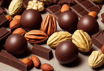 A lot of  sweets chocolate pralines and nuts on flat. Sweets top view background