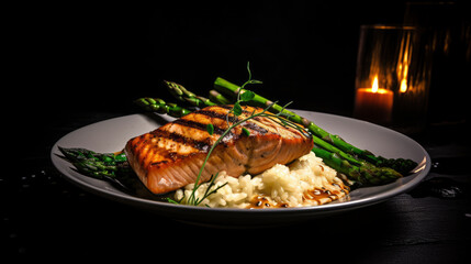 Restaurant Menu Image: Grilled Salmon, Risotto, and Asparagus - AI Generated Image