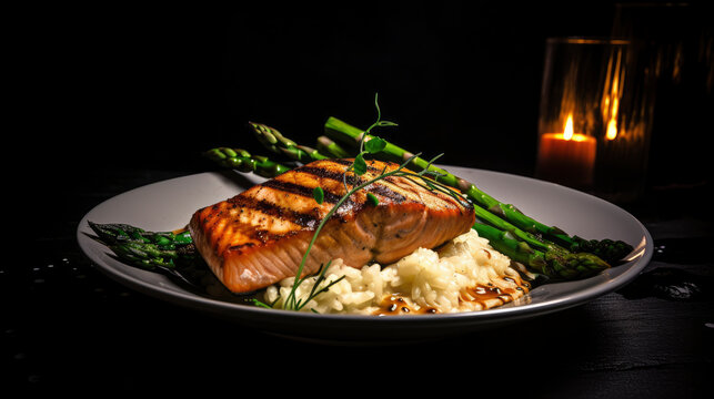 Restaurant Menu Image: Grilled Salmon, Risotto, and Asparagus - AI Generated Image