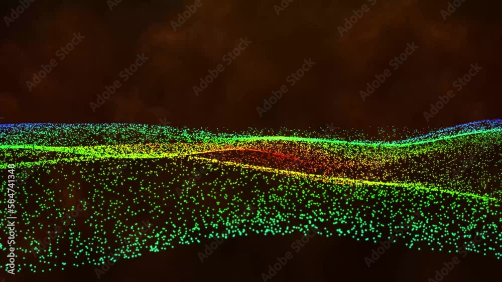 Poster big data background design. multicolor particles dots wave flowing over dark. 3d rendering. flowing 