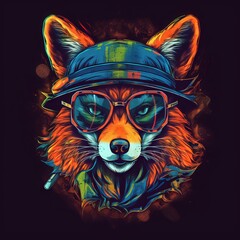 T-shirt design Fox wearing aviators, animal mascot - Generative AI