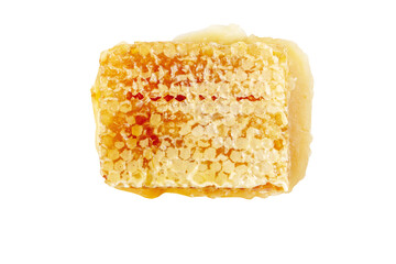 Honey in the honeycomb hexagonal cells made of wax isolated transparent png. Comb honey.