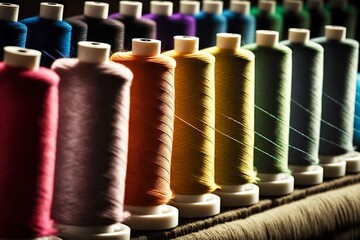 Thread coils for sewing clothes in factory textile industry, created with generative ai