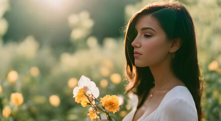 Portrait of a Beautiful Woman in White Standing in a Garden Holding Flowers Natural Sunlight Generative AI illustration