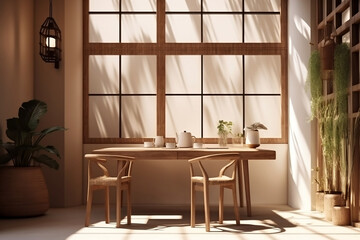 Ambiente 3d de uma mesa de café no externa em frente a uma janela grande