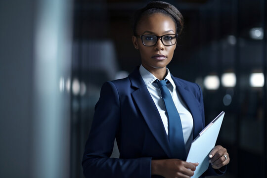 Mulher negra usando um terno azul e segurando uma prancheta em fundo desfocado 