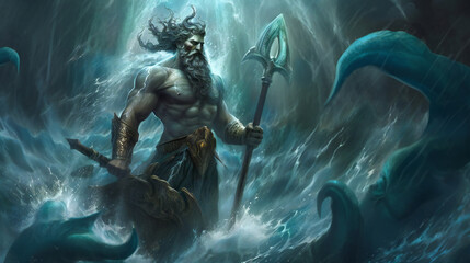 majestic poseidon statue, god of the sea, ancient greek mythology, generative AI