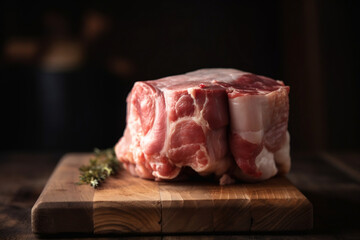 Pedaço de carne de porco em cima de uma tábua de madeira com um alecrim ao lado