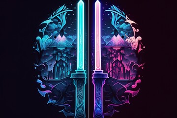 The Duality of Luminescent Splendor - Reflected in a Neon Sword Illustration Generative AI