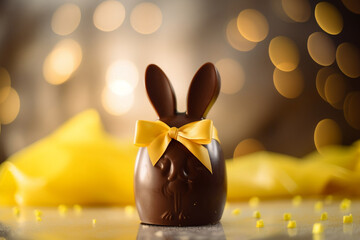 Ovo de páscoa de chocolate 3d com orelhas de coelho e laço dourado em cima em fundo desfocado...