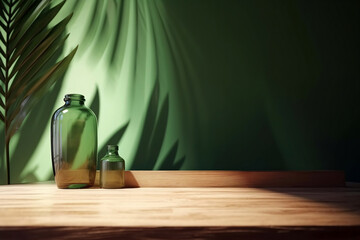 Espaço 3d vazio de madeira para cosméticos naturais com dois frascos de vidros vazios no fundo verde e sombra de plantas - obrazy, fototapety, plakaty