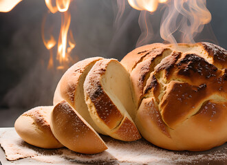 The photo shows beautifully baked bread that has been taken out of the oven. There is a slight puff of smoke around the bread. the inside looks soft and fluffy. Generative AI