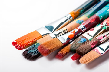 Composition of painting brushes on white background