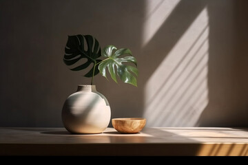 Mesa de madeira com vaso de planta em frente a uma parede bege com iluminação da janela