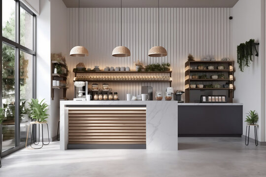 Ambiente 3d render de design de uma cafeteria clean e chique com mesa de m&aacute;rmore com vista frontal e uma bela janela lateral